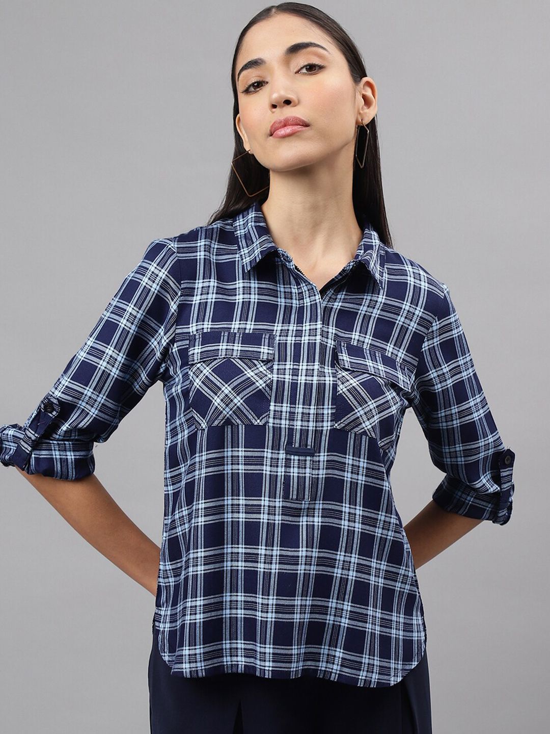 Latin Quarters Checked Shirt Collar Roll-Up Sleeves Opaque Shirt Style Top-picture-36