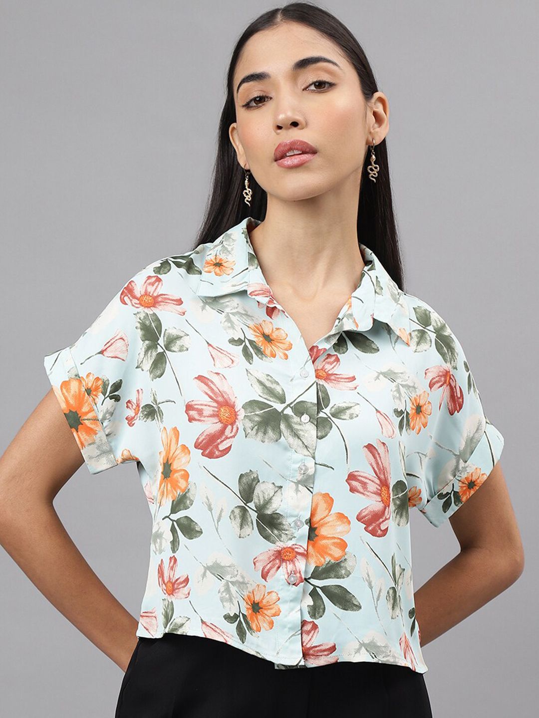 Latin Quarters Floral Print Shirt Collar Extended Sleeves Shirt Style Top-picture-18