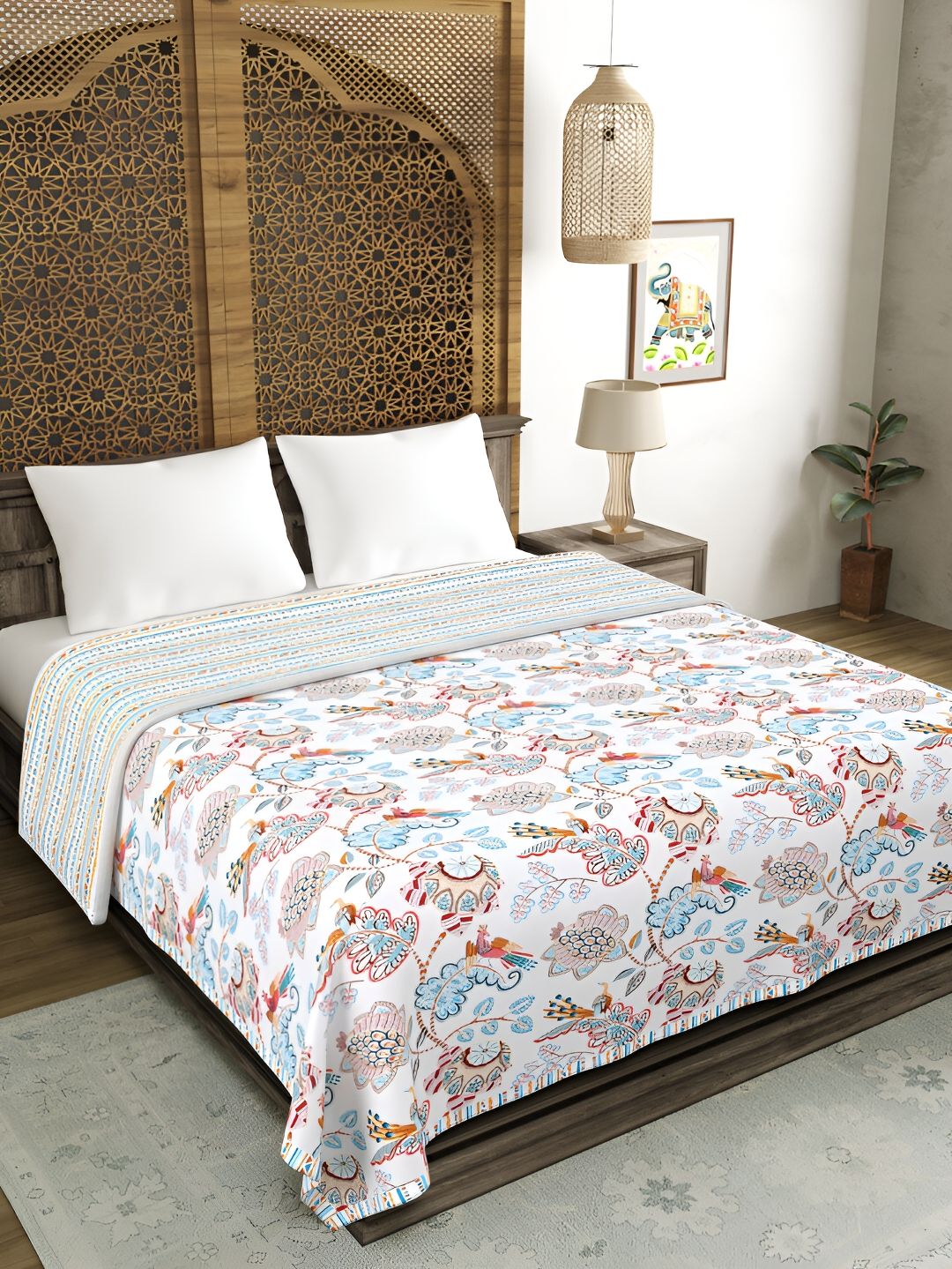Sangria White & Pink Printed 150 GSM Double Queen Dohar-image-25