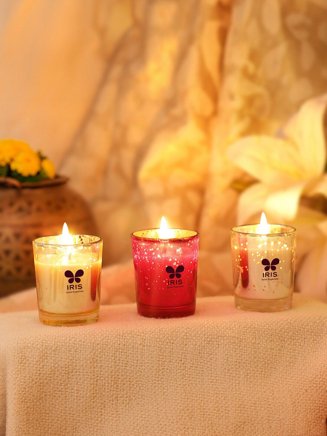 Iris Red & Silver-Toned 3 Pieces Damask Rose Cool Blue & Mango Sorbet Shot Glass Candles-image-12