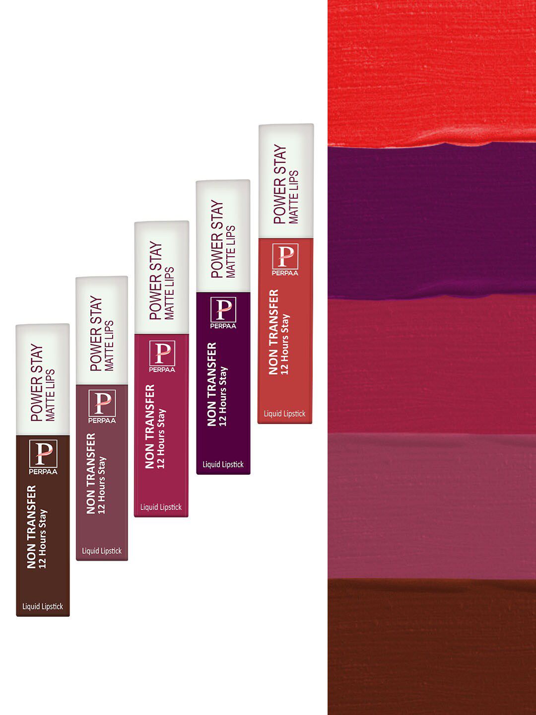 PERPAA Power Stay Set Of 5 Matte Liquid Lipstick - 5ml Each - Red-Wine-Pink-Brown-Mauve-image-1