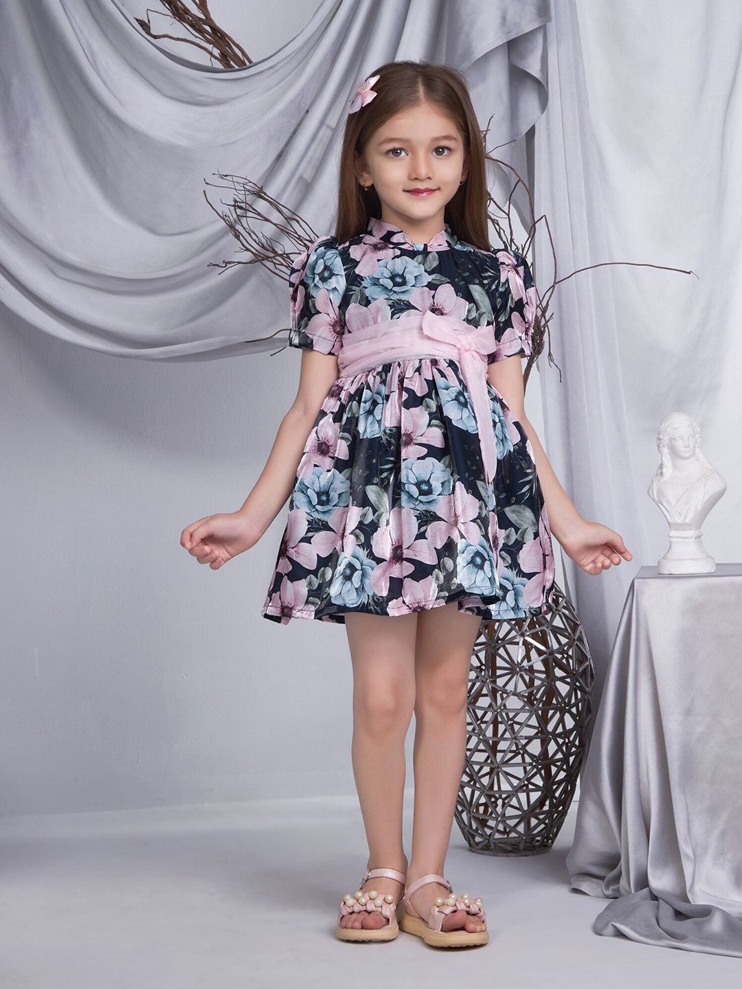 Peppermint Girls Round Neck Short Puff Sleeves Floral Print Fit & Flare Dress-picture-10