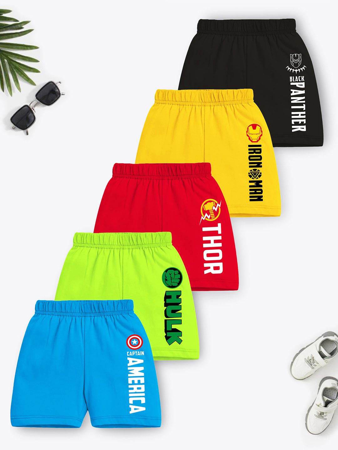 YK Marvel Boys Pack of 5 Printed Avengers Typography Printed Cotton Shorts