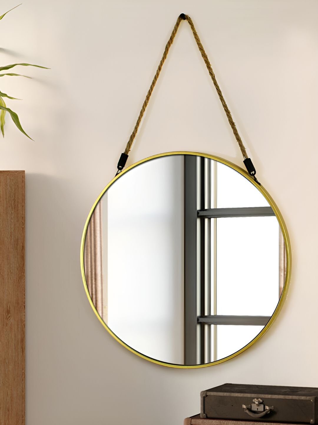 TIED RIBBONS Beige Round Shaped Framed Wall Hanging Mirror