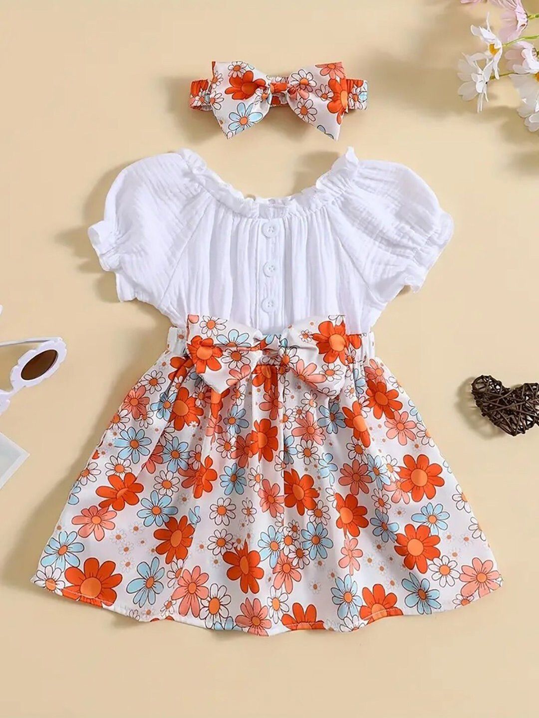 BAESD Girls Floral Printed Puff Sleeves Bow Detailed Fit & Flare Dress-picture-29