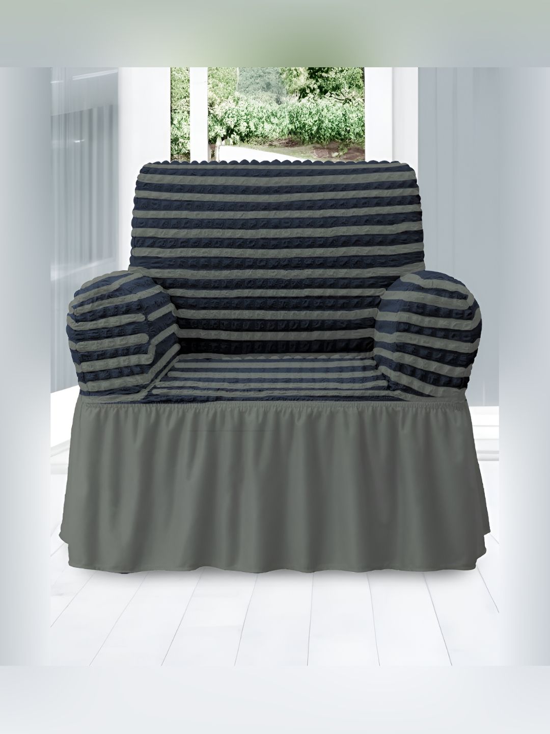 Aura Grey & Blue Stretchable Polyester Bubble Seater Sofa Cover With Skirt-image-49