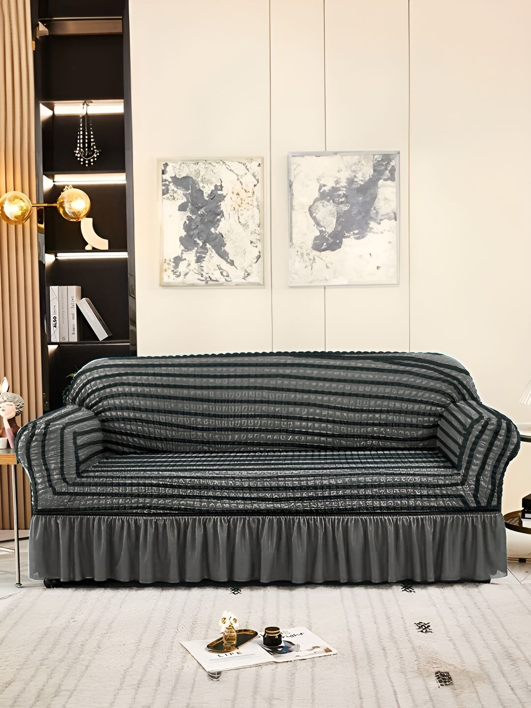 Aura Grey & Blue Stretchable Bubble Two Seater Sofa Cover With Skirt-picture-21