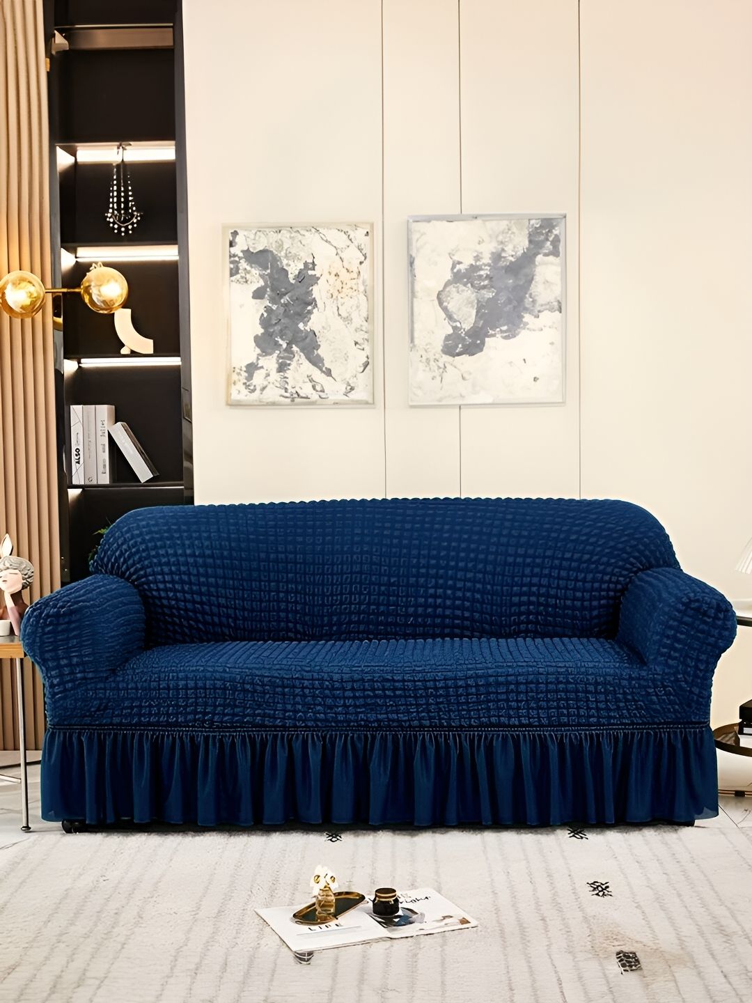 Aura Navy Blue Stretchable Bubble Two Seater Sofa Cover With Skirt-image-32