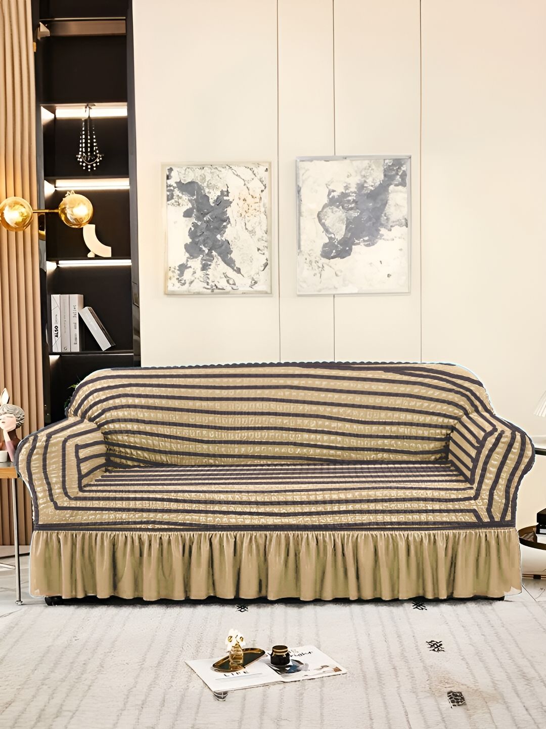 Aura Cream & Brown Striped Non Slip Stretchable Bubble Two Seater Sofa Cover With Skirt-picture-31