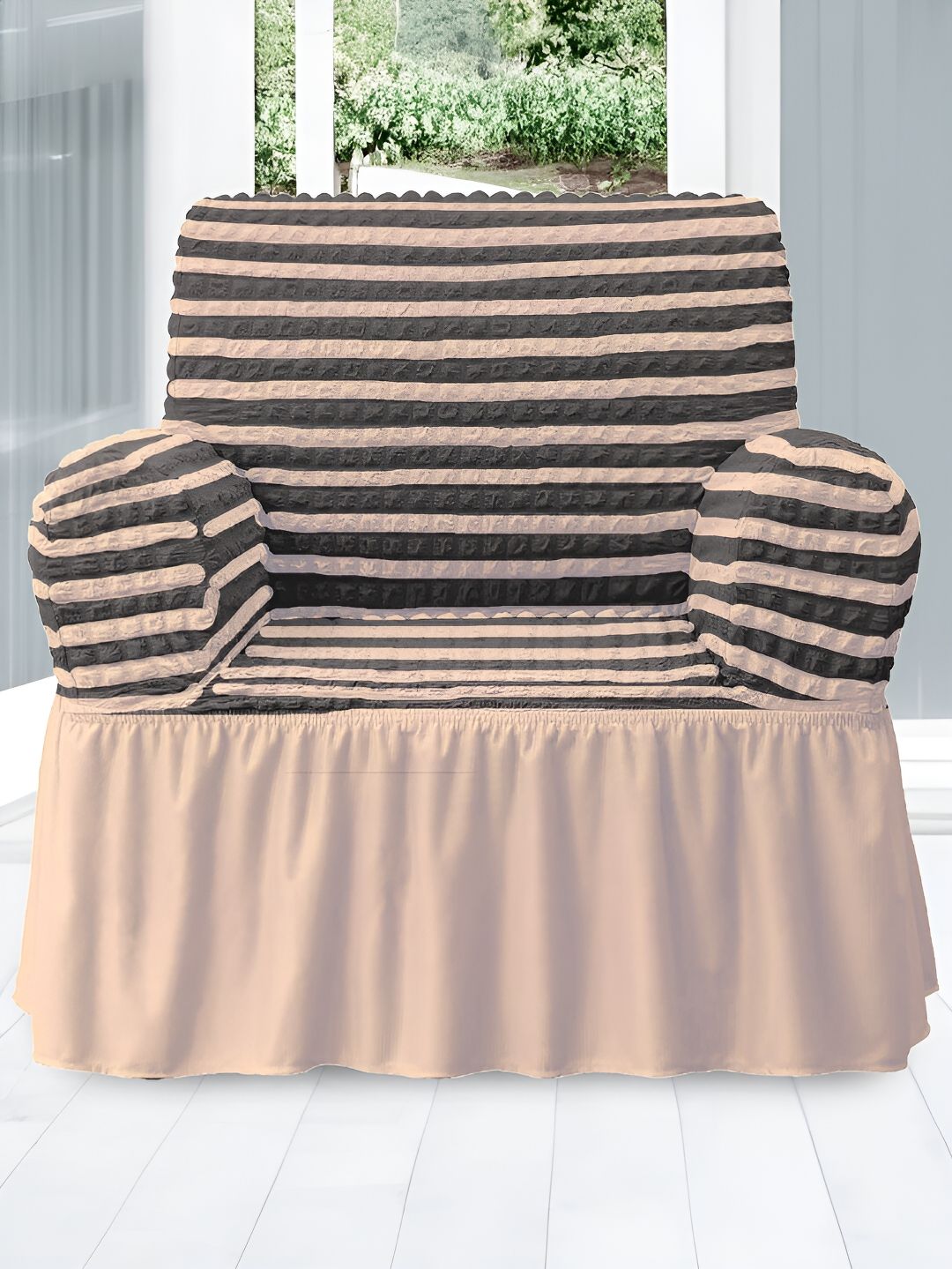 Aura Beige & Black Striped Stretchable Bubble One Seater Sofa Cover With Skirt-image-9