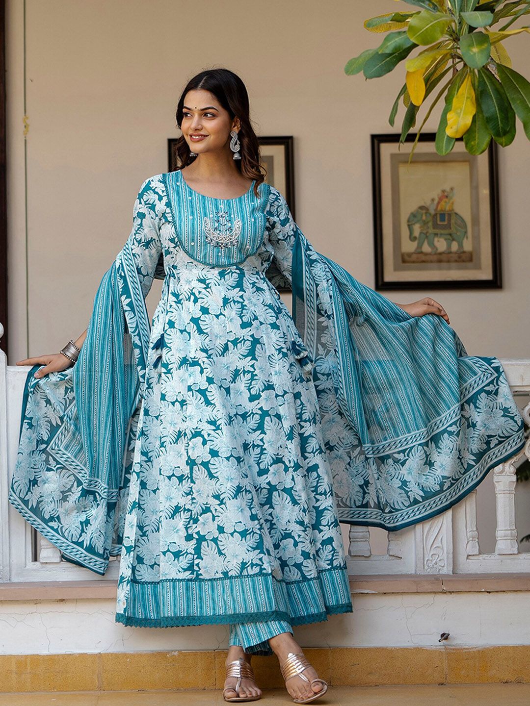 Anouk Blue Floral Printed Panelled Pure Cotton Anarkali Kurta With Trousers & Dupatta