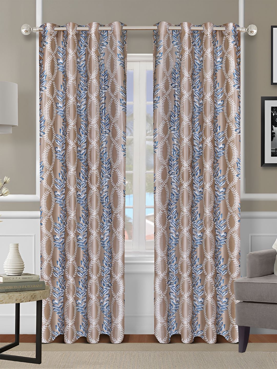 Aura Beige & Blue 2 Pcs Floral Eyelet Room Darkening Door Curtains-picture-14