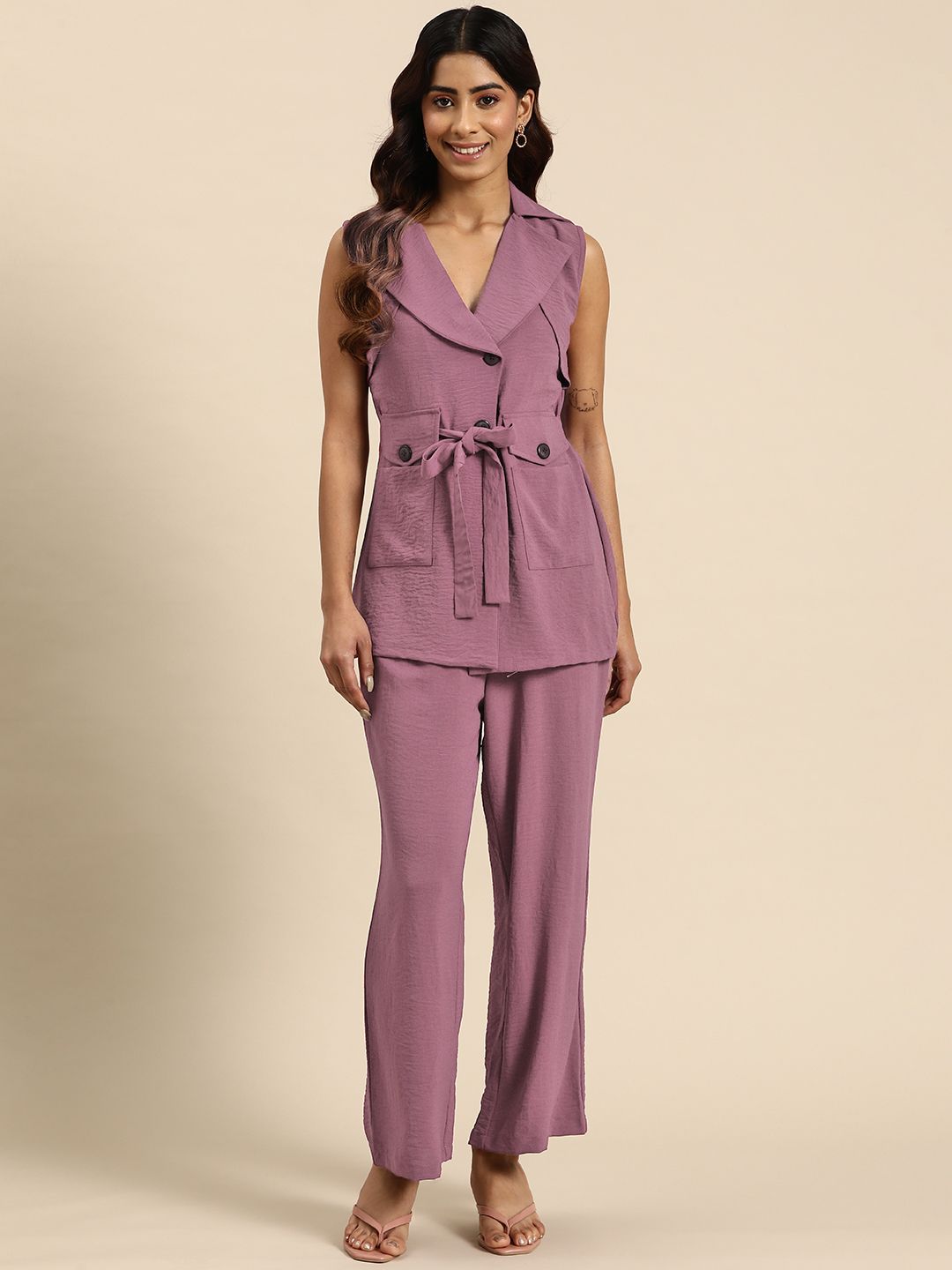 WoowZerz Women Solid Coat & Palazzos Co-Ords