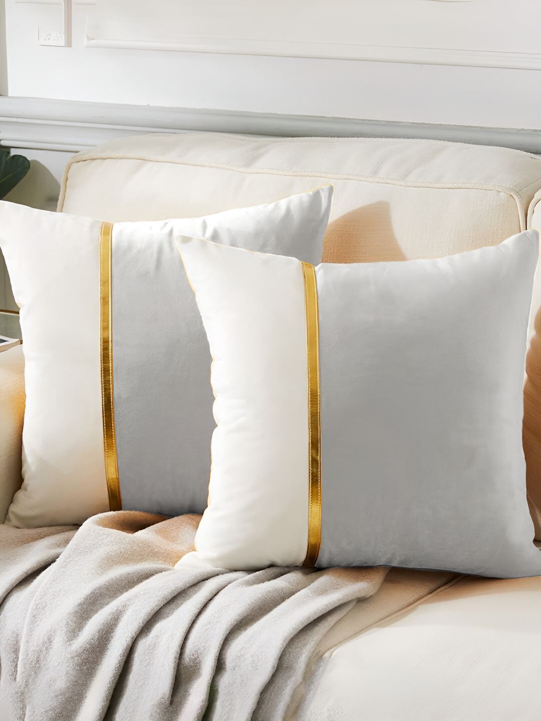 AEROHAVEN Silver Toned & White 2 Pieces Colourblocked Reversible Square Cushion Covers-picture-45