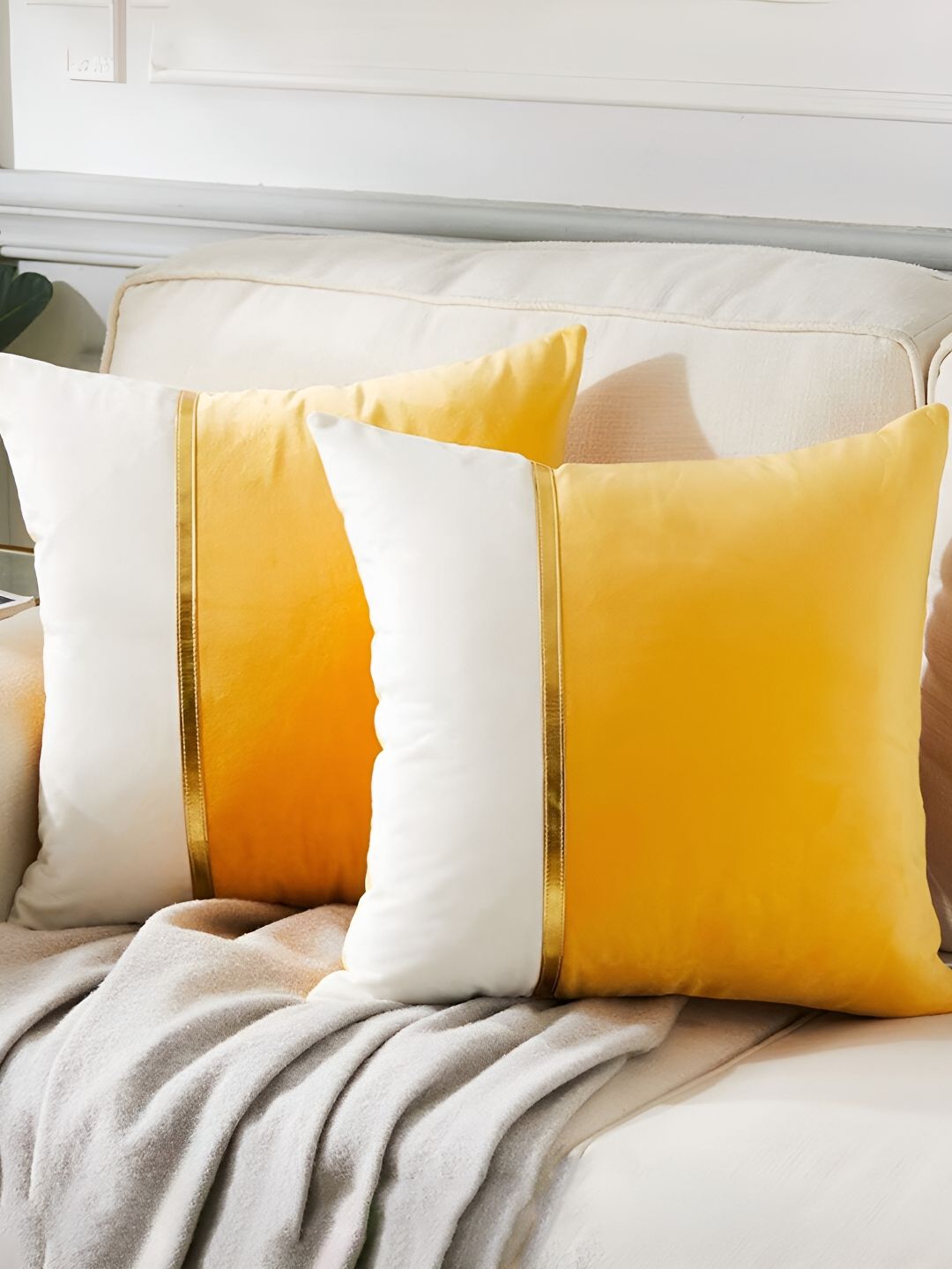 AEROHAVEN Yellow & White 2 Pieces Colourblocked Reversible Square Cushion Covers-picture-37