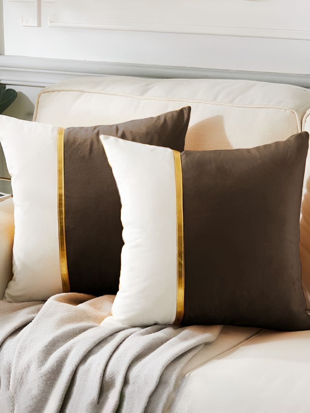 AEROHAVEN Brown & White 2 Pieces Colourblocked Reversible Square Cushion Covers-picture-43