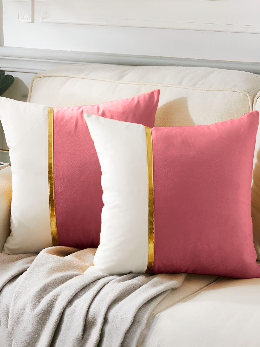AEROHAVEN Pink & White 2 Pieces Colourblocked Reversible Square Cushion Covers-picture-35