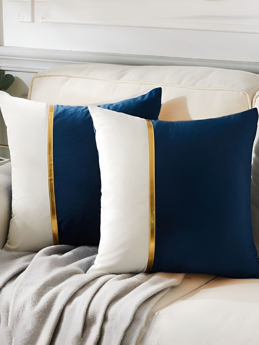 AEROHAVEN Blue & White 2 Pieces Colourblocked Reversible Square Cushion Covers-image-29