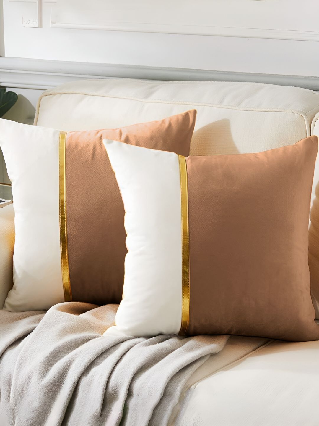 AEROHAVEN Brown & White 2 Pieces Colourblocked Reversible Square Cushion Covers-picture-18