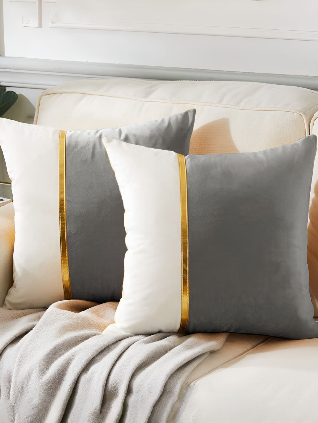 AEROHAVEN Grey & White 2 Pieces Colourblocked Reversible Square Cushion Covers-picture-40