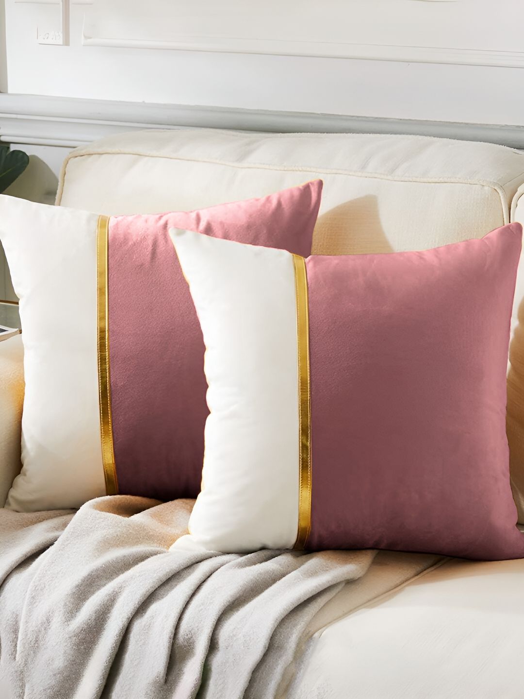 AEROHAVEN Rose Gold & White 2 Pieces Colourblocked Reversible Square Cushion Covers-image-5