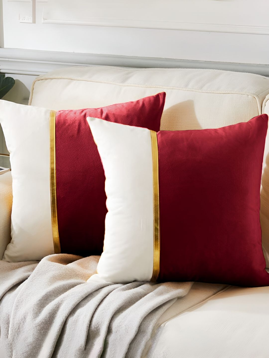 AEROHAVEN Red & White 2 Pieces Colourblocked Reversible Square Cushion Covers-picture-42