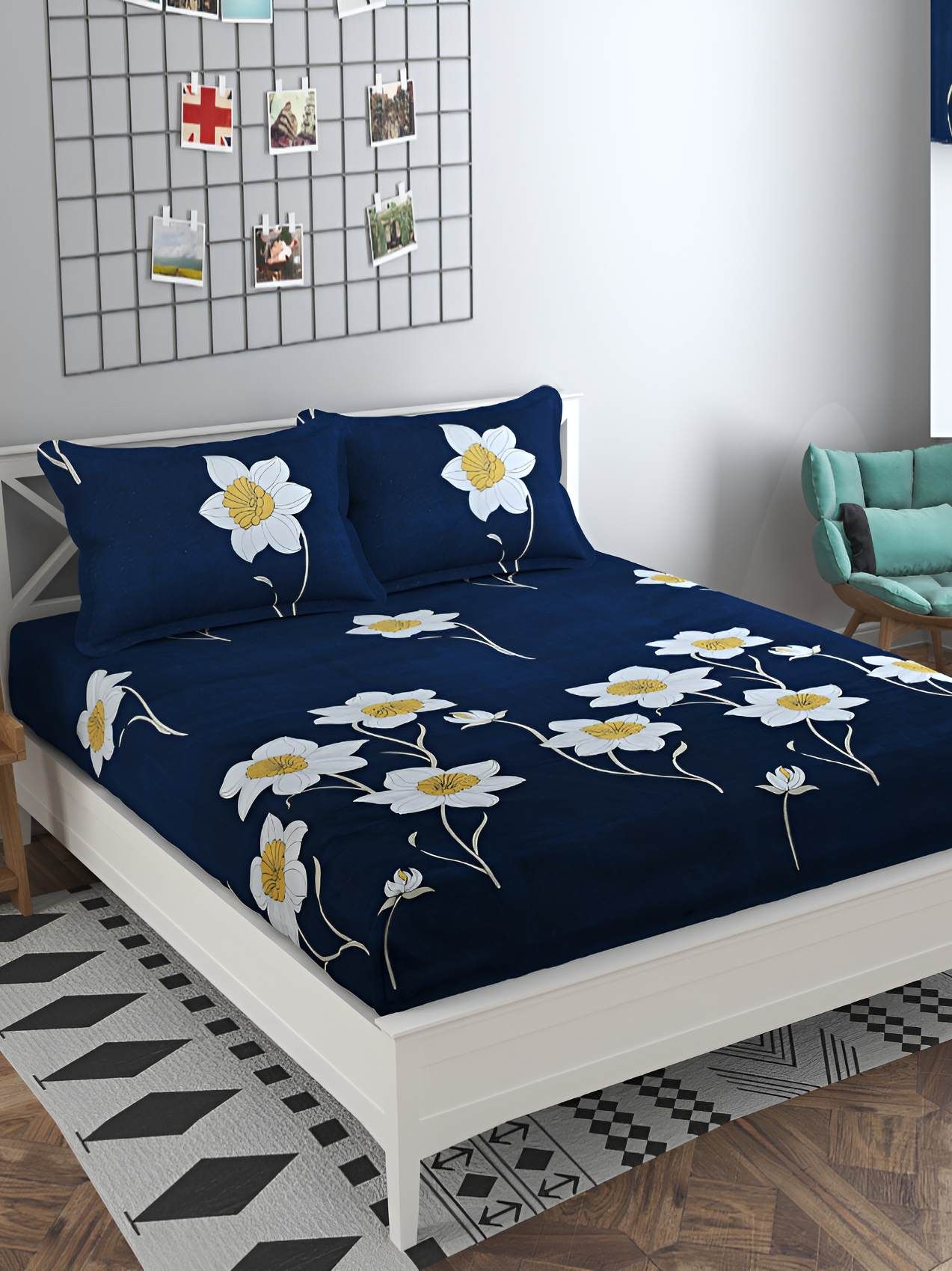 Bajo's Navy Blue & White Floral Printed 250 TC Fitted Queen Bedsheet with 2 Pillow Covers-picture-18