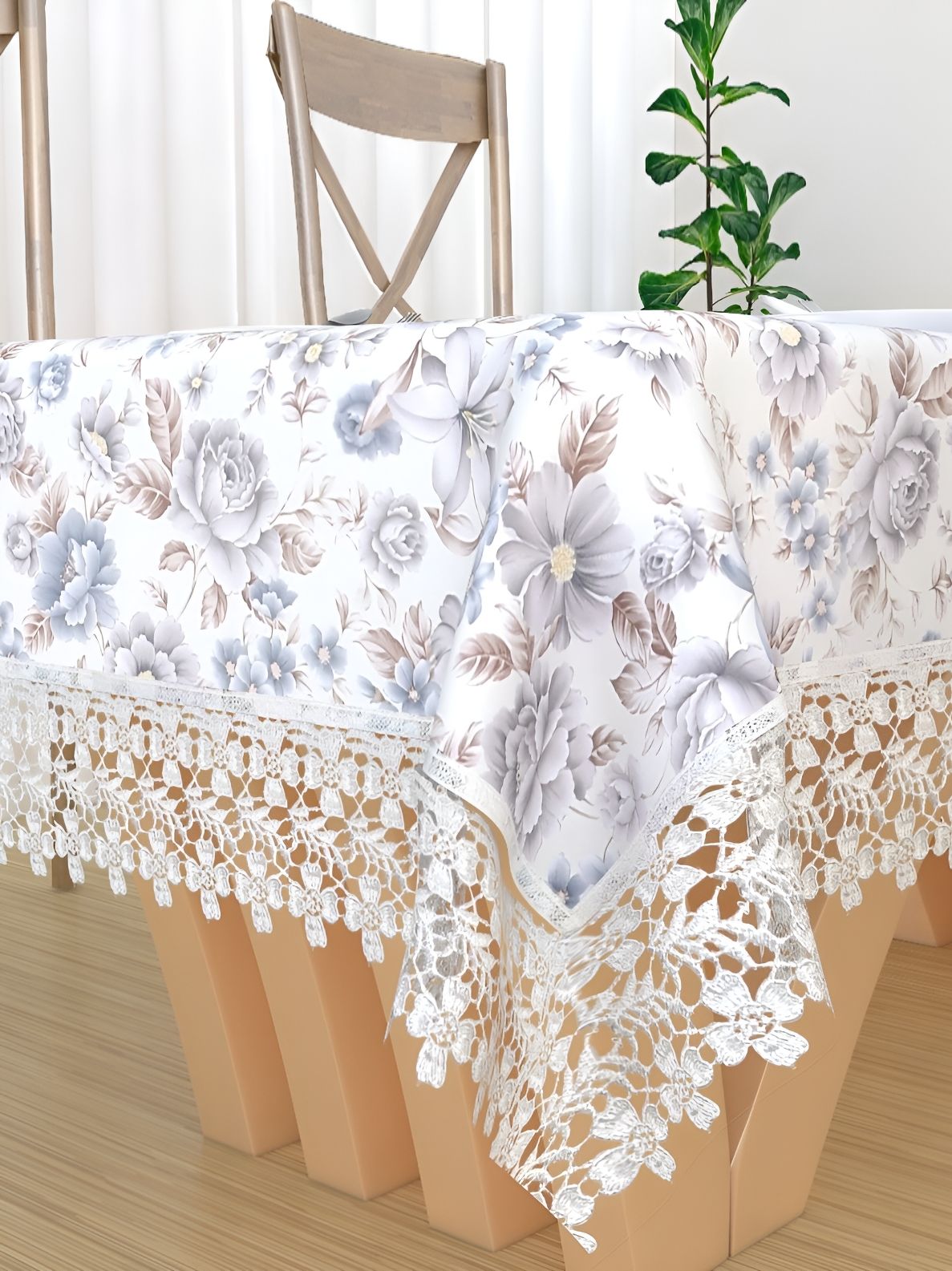 MONKDECOR White & Blue Floral Printed Cotton 4 Seater Table Cover With Lace Details