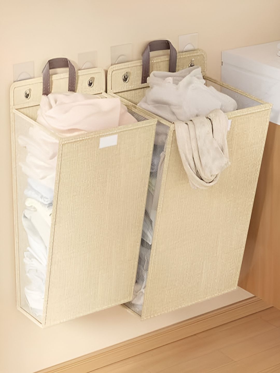 HOUSE OF QUIRK 2 Pieces Beige Wall Mounted Foldable Laundry Baskets-image-48