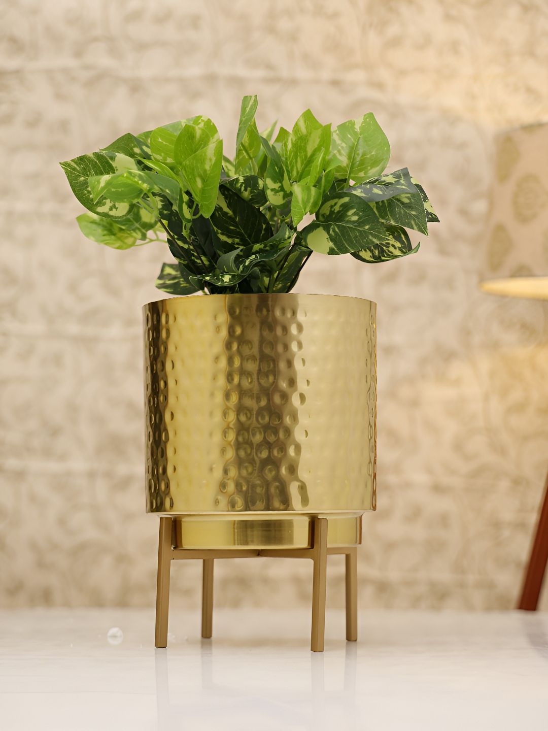 HomeShastra Gold Toned Ember Textured Metal Planter With Stand-image-4