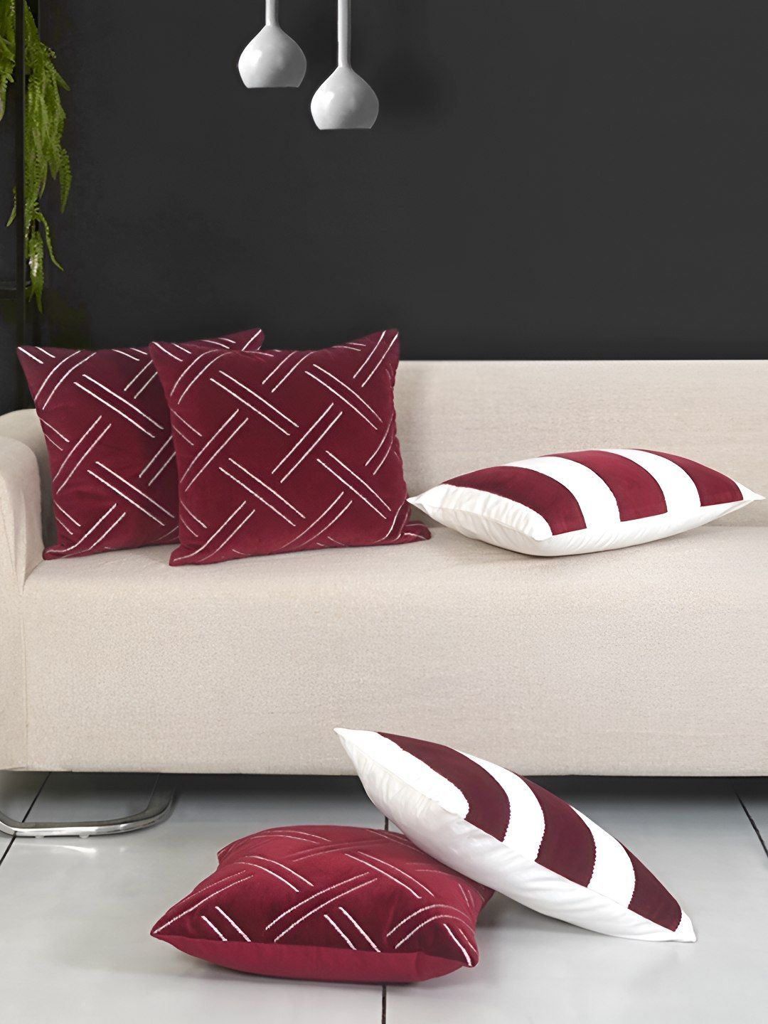 Ode & Cleo Off White & Maroon 5 Pieces Geometric Printed Square Cushion Covers-image-46