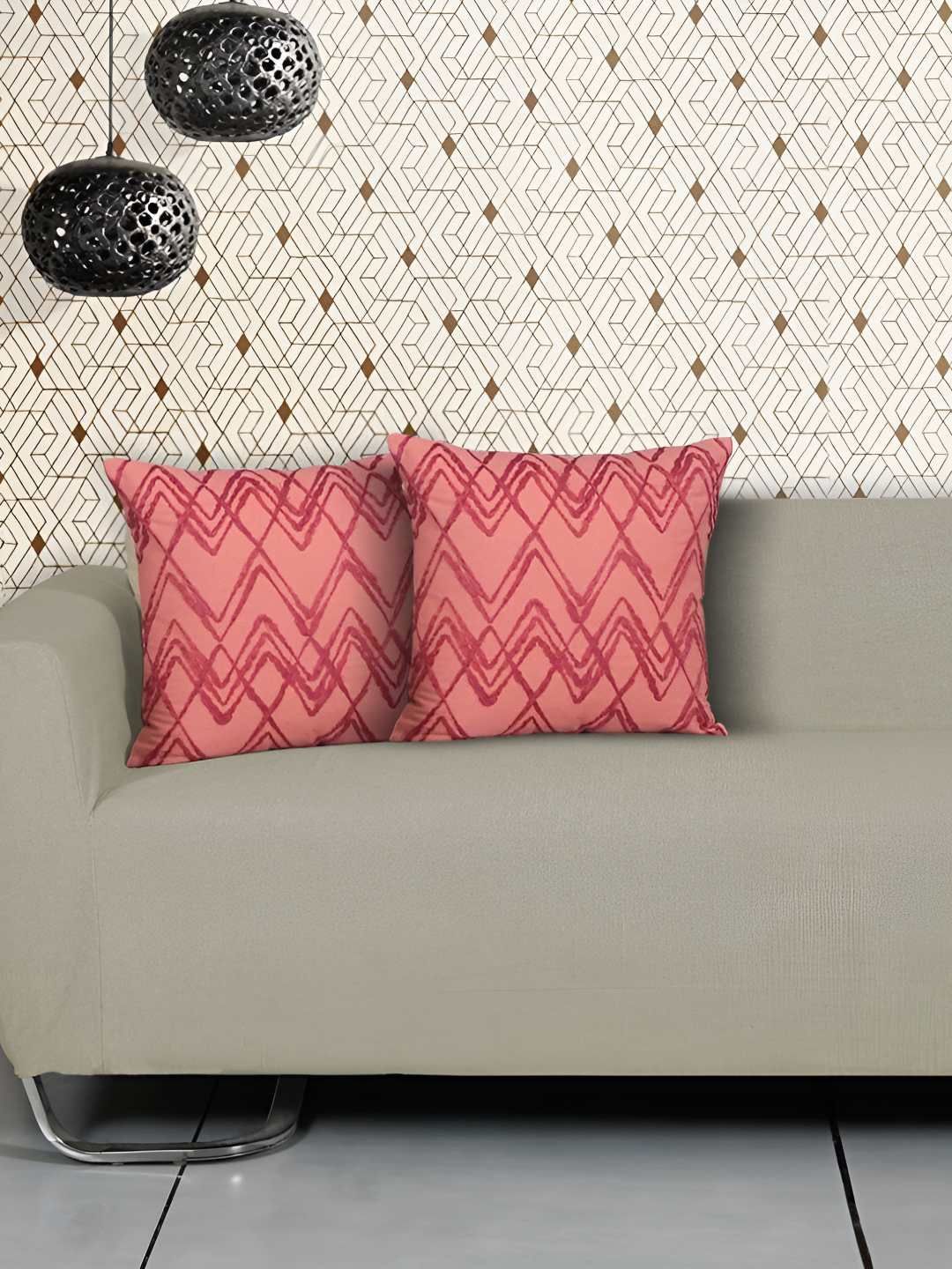 Ode & Cleo Pink & Red 2 Pieces Printed Pure Cotton Square Cushion Covers-image-1
