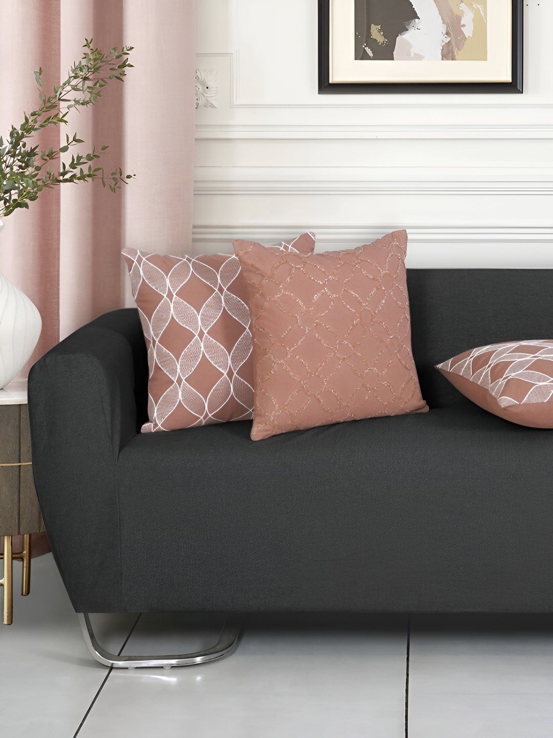 Ode & Cleo Beige & White 3 Pieces Abstract Cotton Square Cushion Covers-picture-13