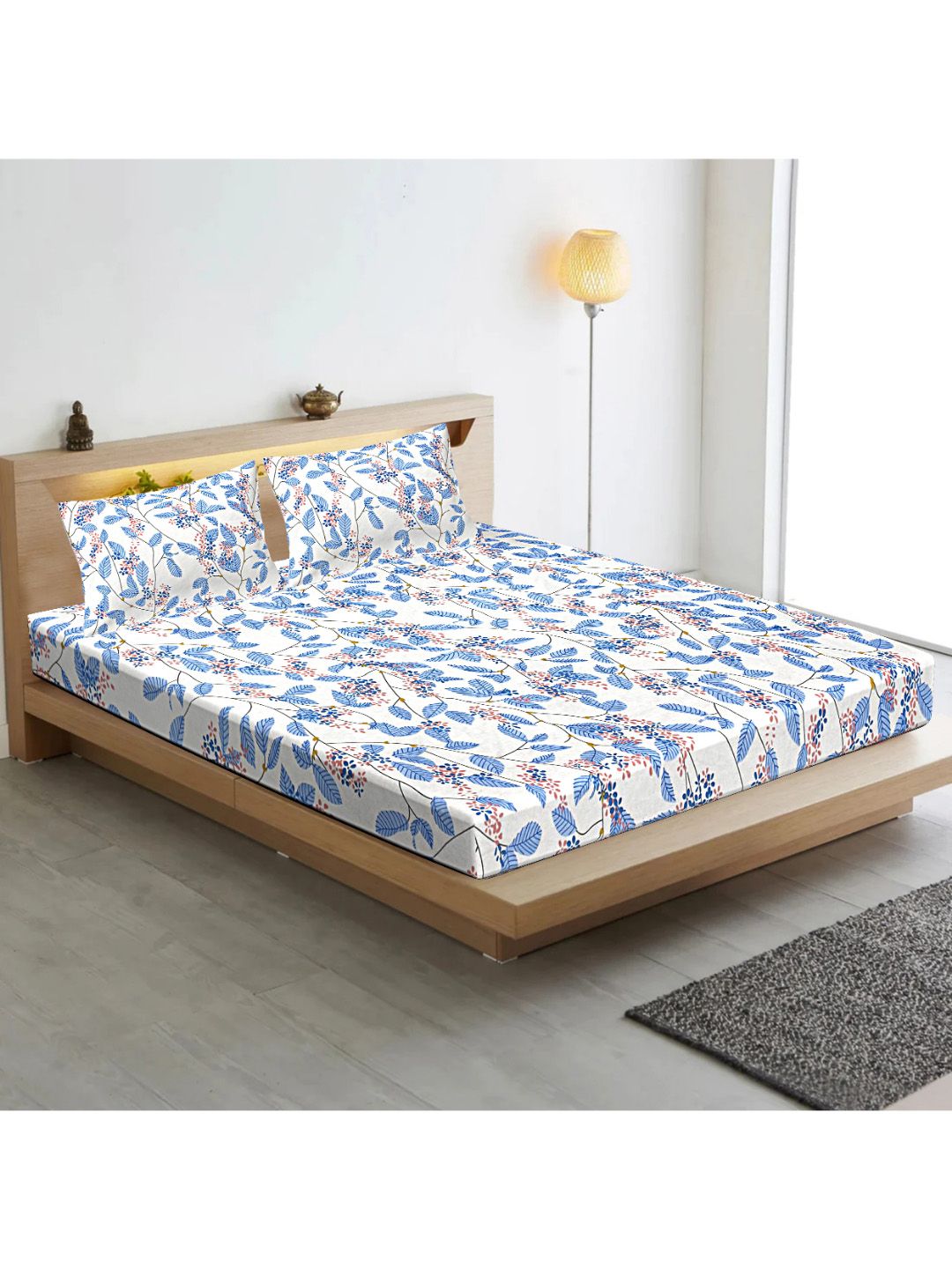 INDHOME LIFE Blue & White Floral Cotton 210 TC Fitted Queen Bedsheet with 2 Pillow Covers-picture-18