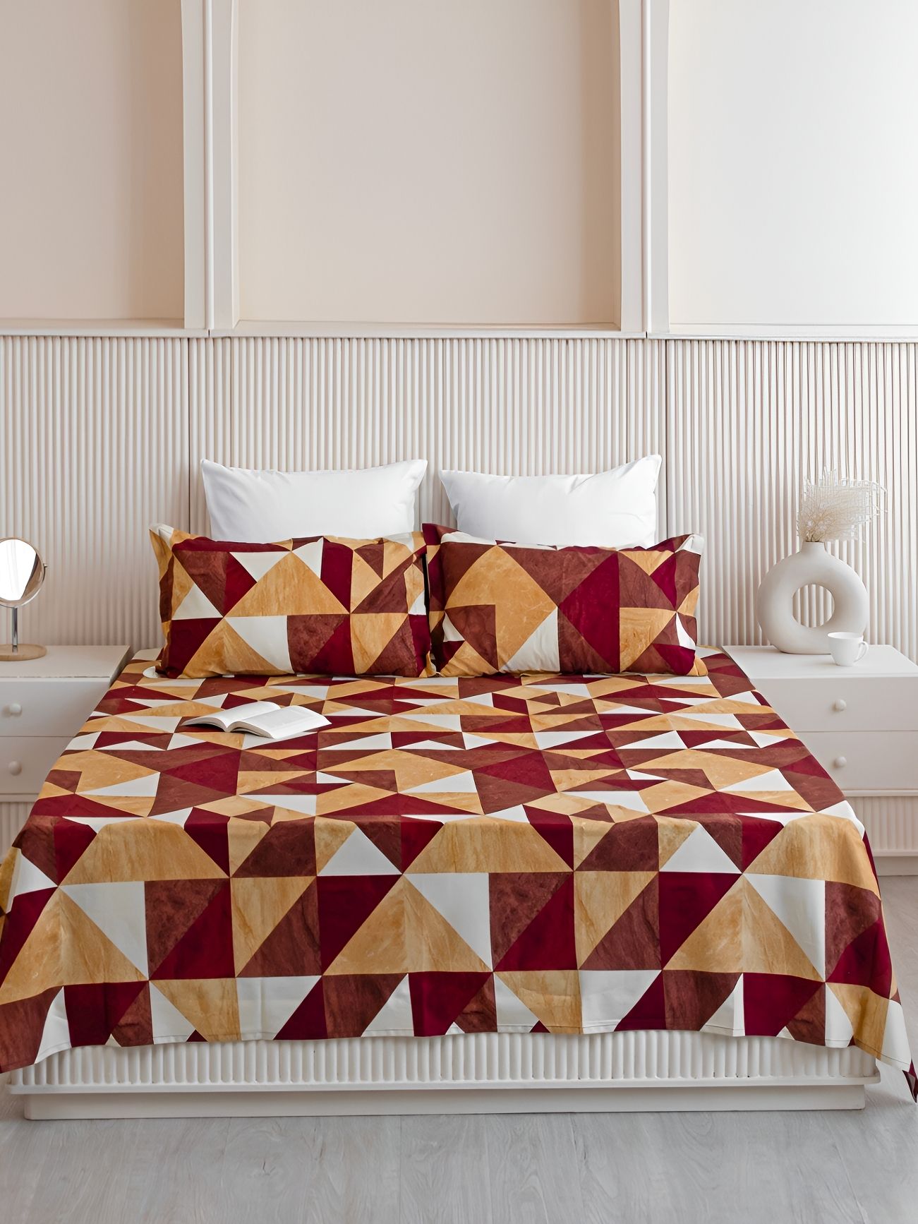 HOMEMONDE Red & Mustard Geometric Cotton 210 TC Queen Bedsheet With 2 Pillow Covers-picture-17