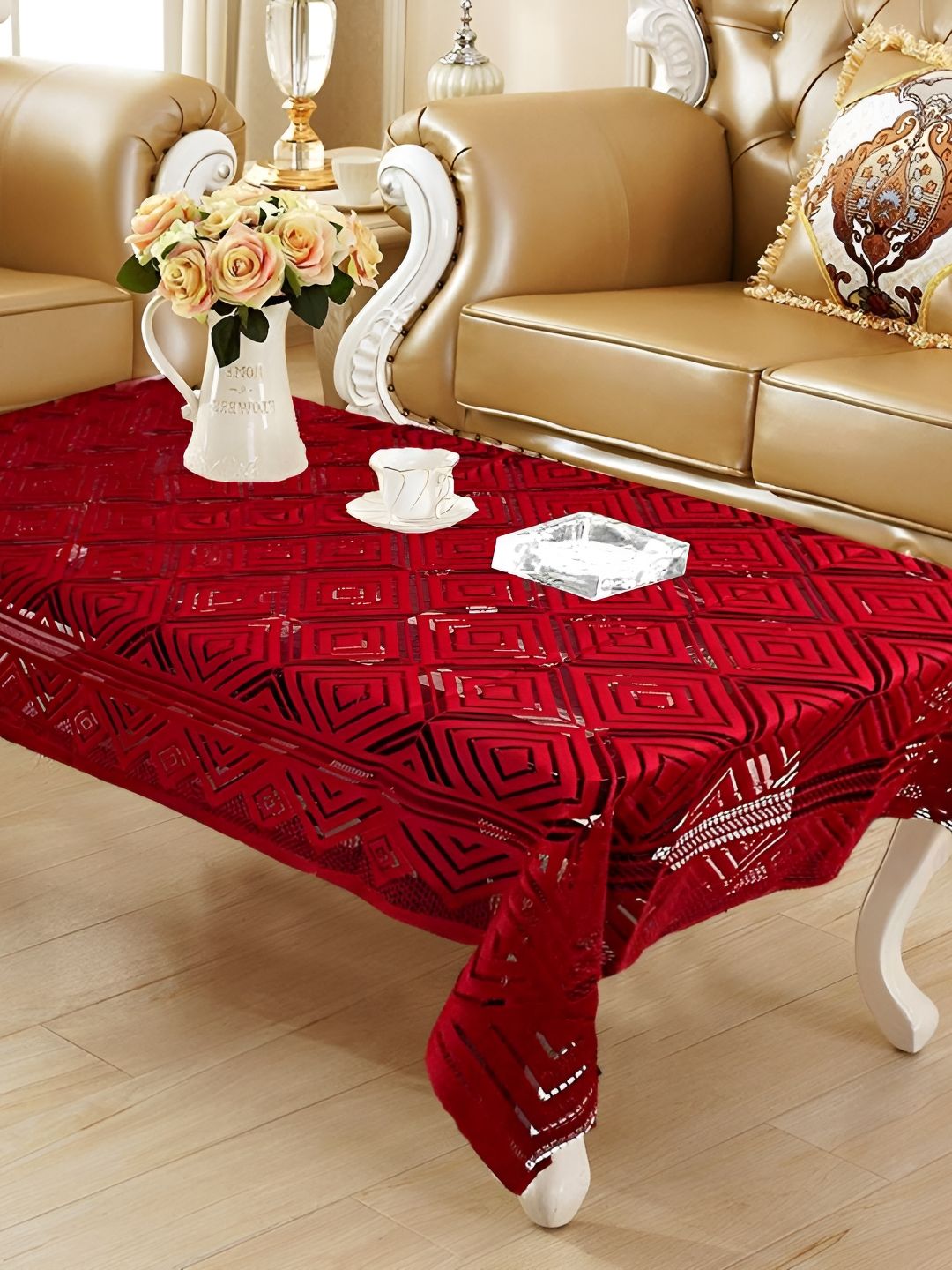 MONKDECOR Maroon Floral 2 Seater Cotton Rectangle Table Cover-picture-14