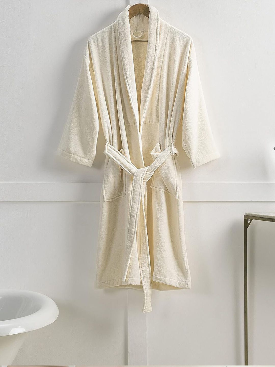 SENSES Cream Soft Terry Pure Cotton Bath Robe with Shawl Collar-image-22