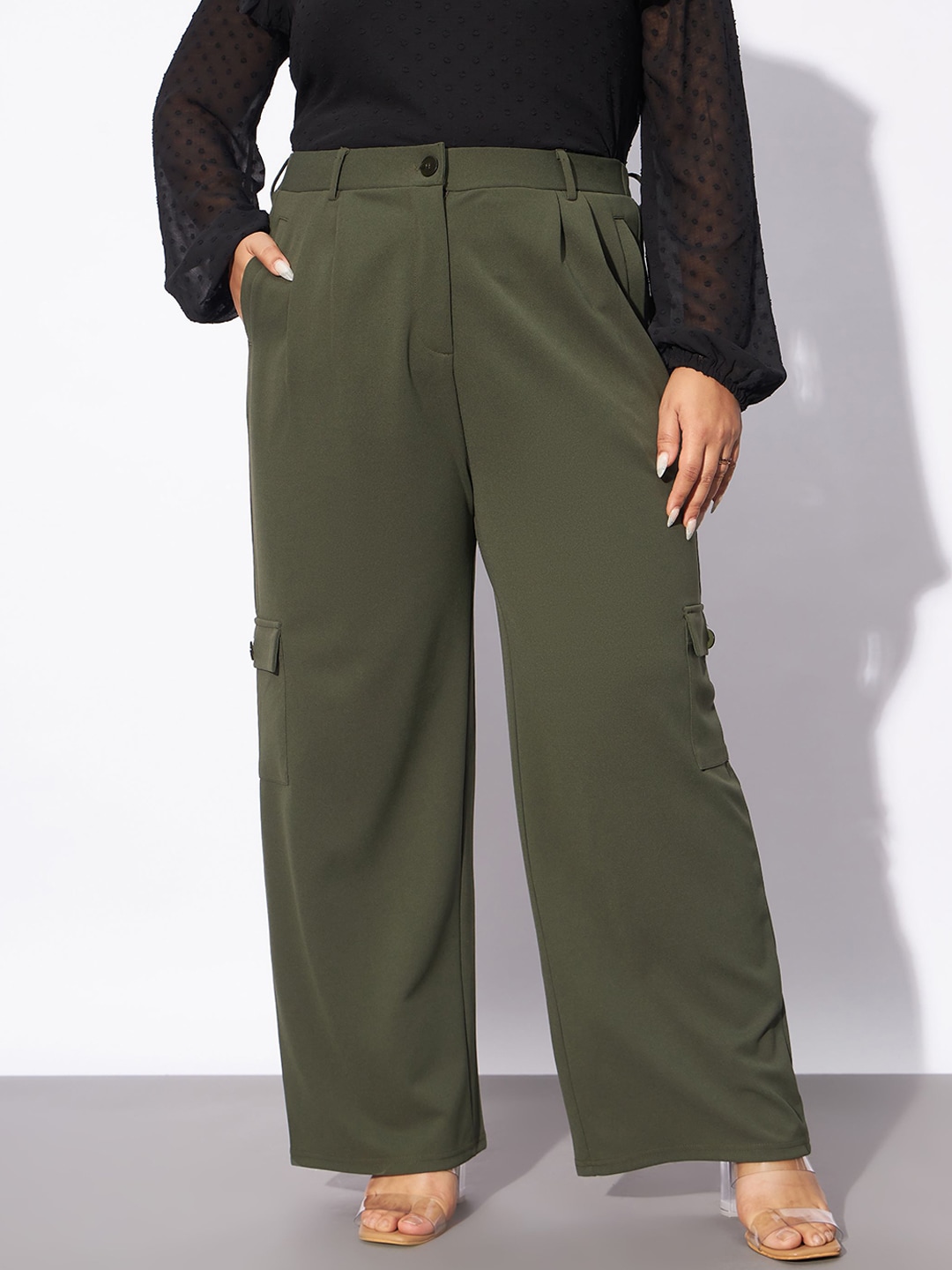 SASSAFRAS Curve Women Plus Size Olive Green Straight Fit Pleated-Front Cargos Trousers