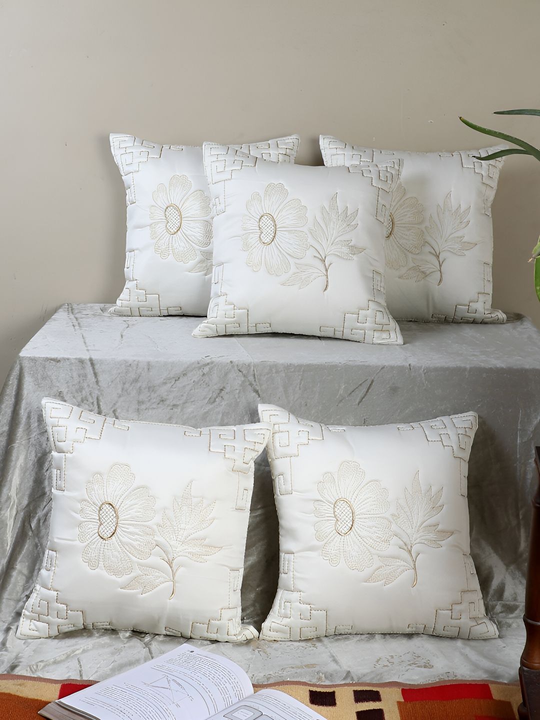 MFD HOME FURNISHING White & Gold-Toned 5 Pieces Floral Satin Square Cushion Covers-picture-39