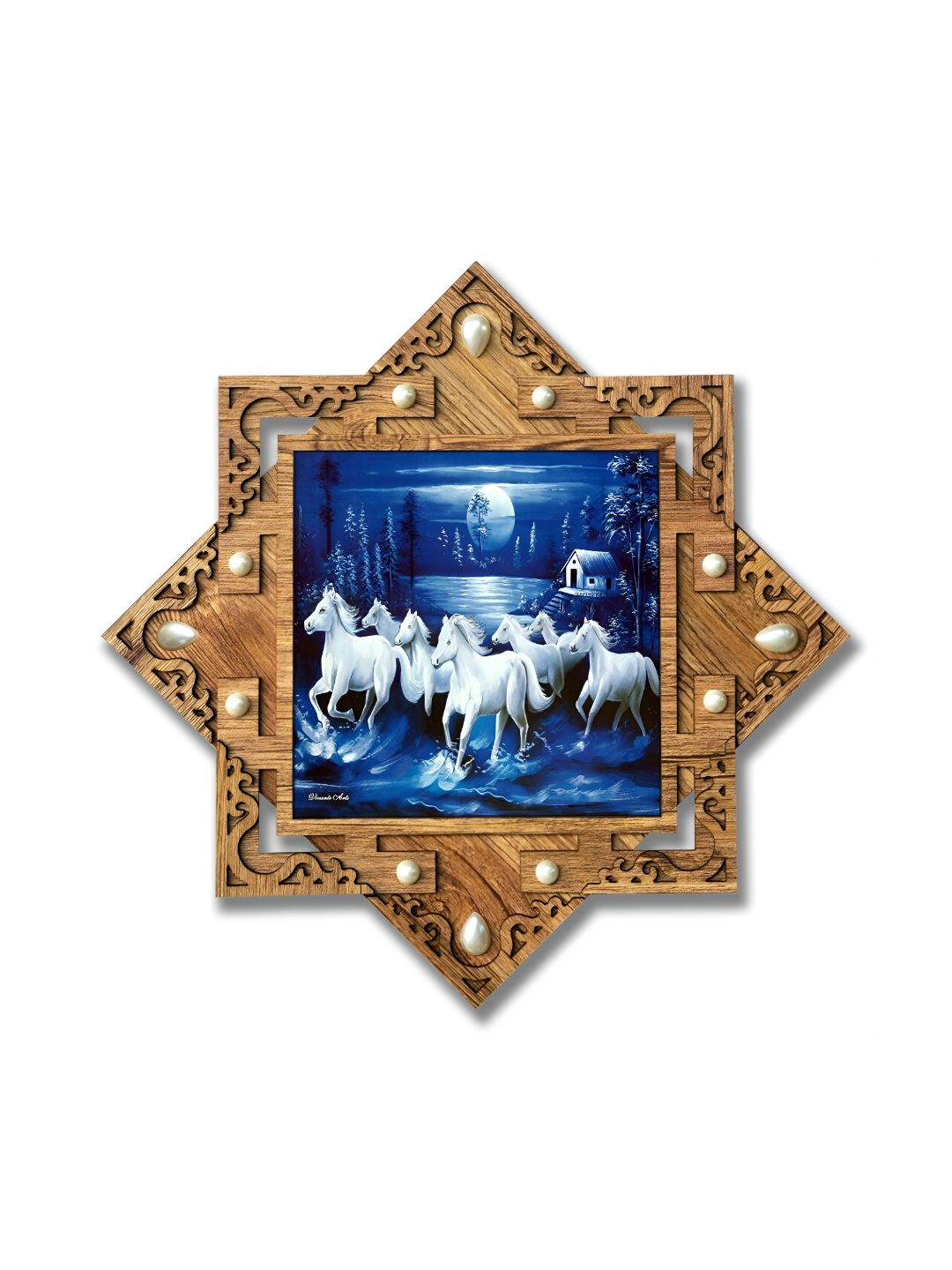 PnF Beige & Blue Running Horses Wooden Painting Wall Art-picture-27