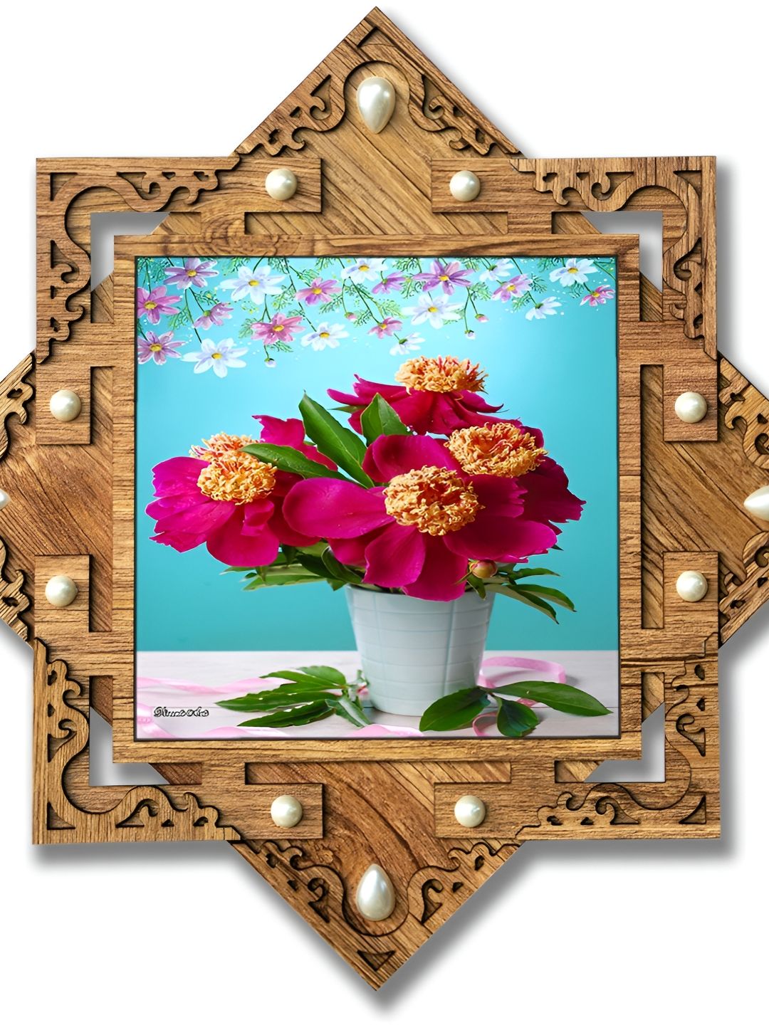 PnF Beige & Blue Wooden Floral and Botanical Painting Wall Art-picture-21