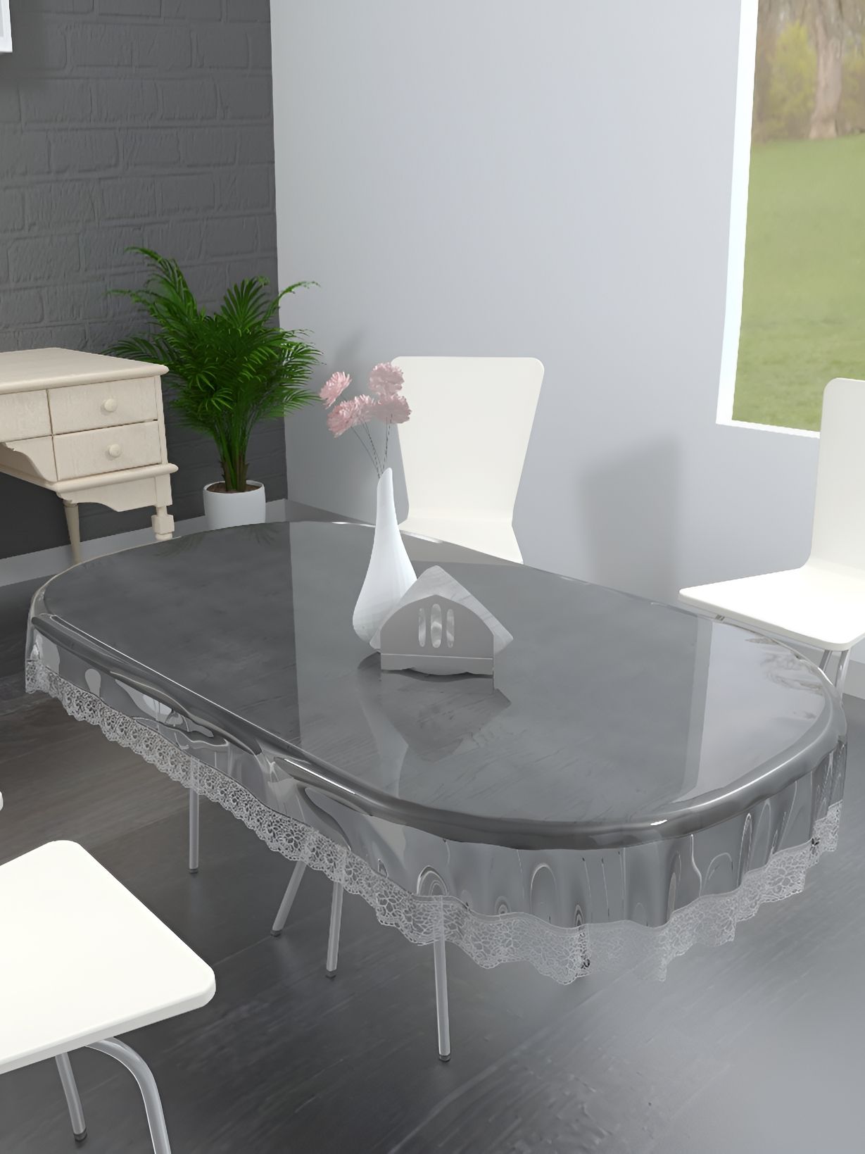 MONKDECOR Transparent 6 Seater Oval Embellished Waterproof Table Cover-image-29