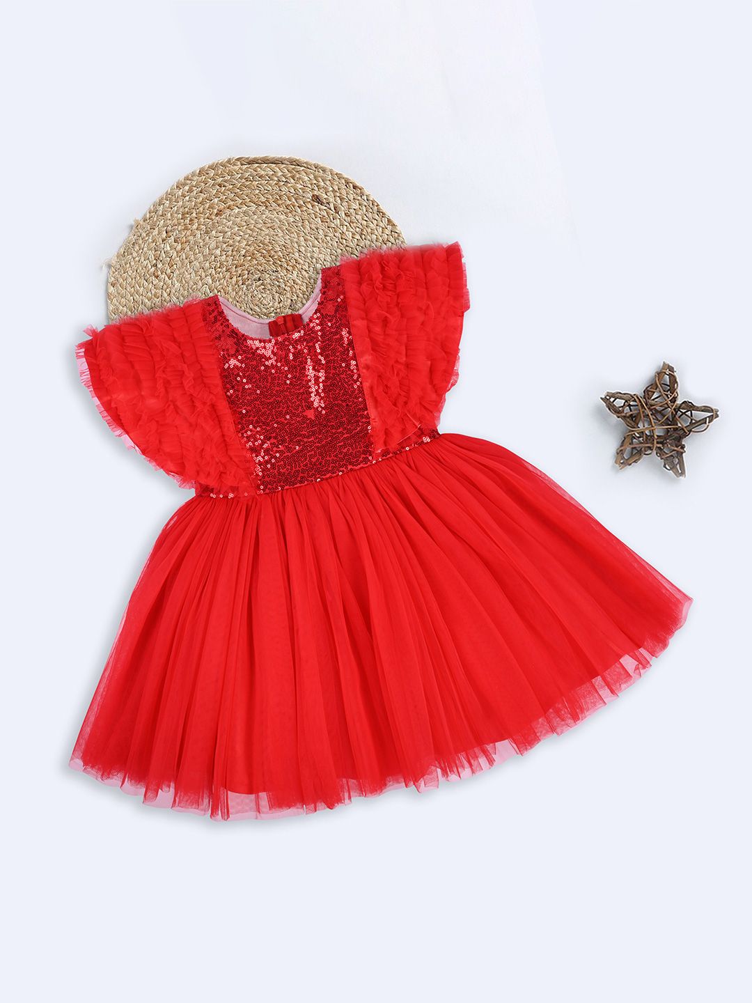 Wish Karo Girls Embellished Flutter Sleeves Sequinned Georgette Net Fit & Flare Dress-picture-43