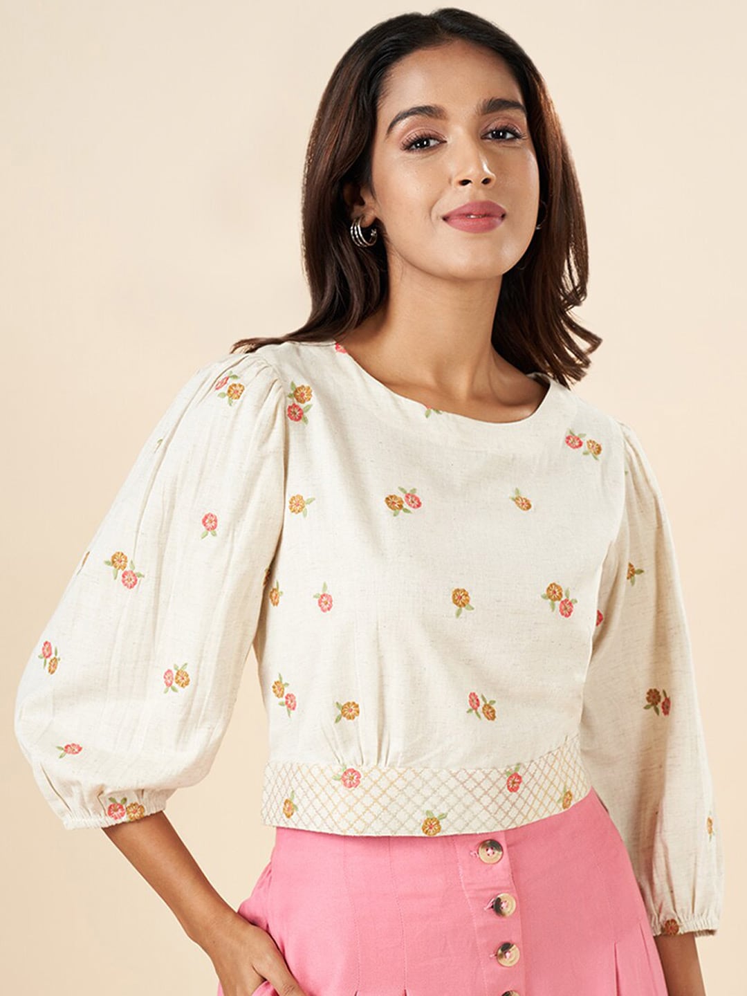 AKKRITI BY PANTALOONS Floral Embroidered Puff Sleeves Cotton Crop Top