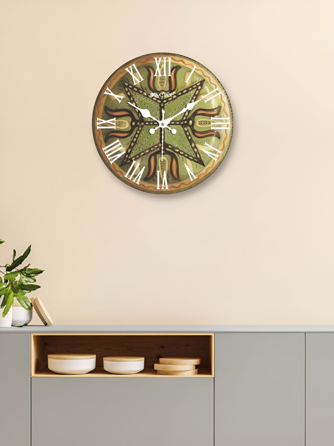 OLIVE TREE Green & White Printed Round Contemporary Wall Clock-picture-48