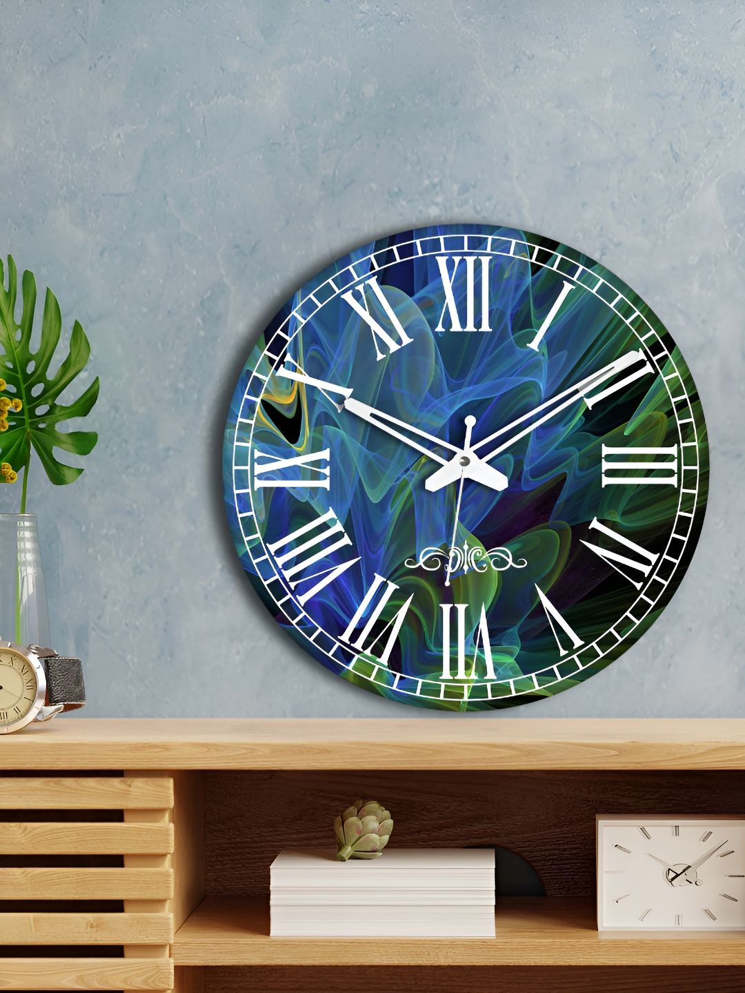 OLIVE TREE Blue & Green Printed Round Contemporary Wall Clock-picture-36