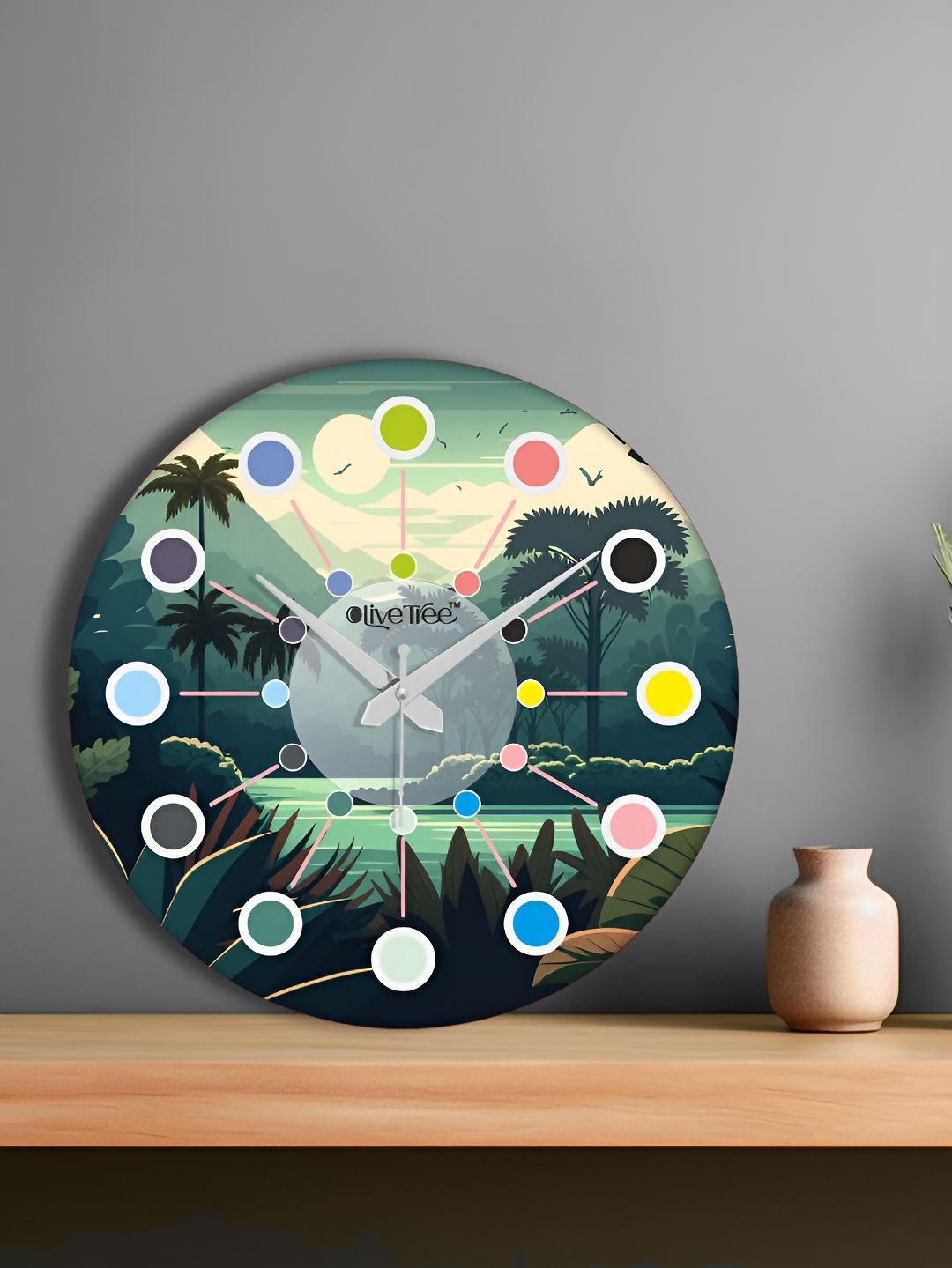 OLIVE TREE Green & Beige Printed Round Contemporary Wall Clock-image-49