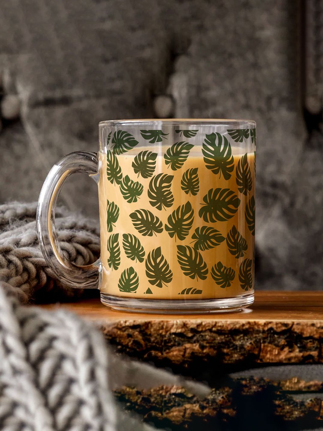 Gathari Transparent & Green Floral Printed Glass Mug-picture-18