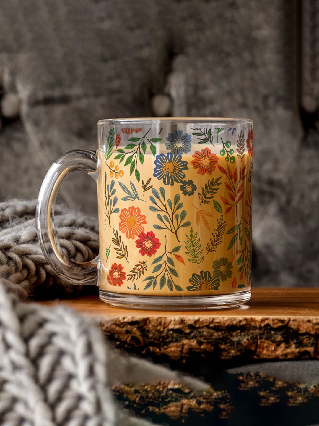 Gathari Transparent & Red Floral Printed Glass Mug-picture-19