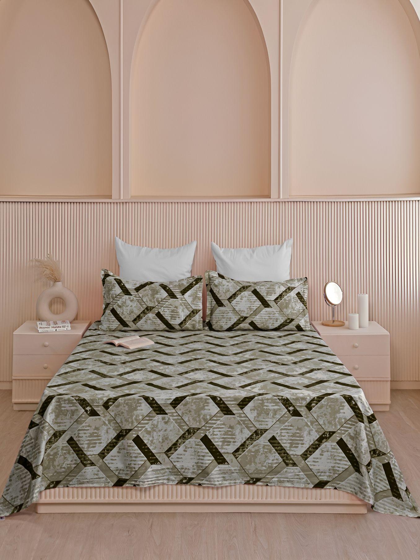 HOMEMONDE Green & White Geometric Cotton 210 TC Queen Bedsheet with 2 Pillow Covers-picture-25